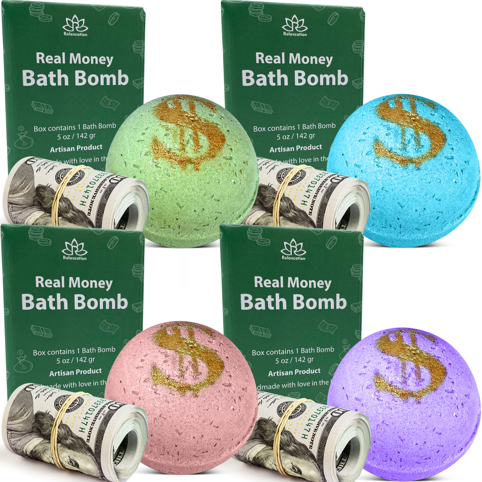 4 Bath Bombs Set with Cash Surprise Inside - Real Money Up to $100 Bill in  Each